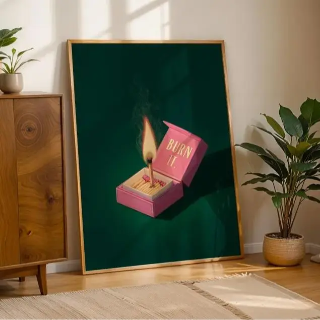 Poster Burn It Pink Matchbox Wall Art, Edgy Motivational , Modern Pop Art Print, Sassy Quote Illustration, Matchbox Wall Art (unframed) homedecor
