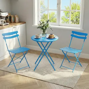 3-piece table and chair set, perfect for outdoor camping. The steel frame structure is space-saving and foldable, suitable for patios, balconies, and gardens. Includes two chairs and a small dining table.