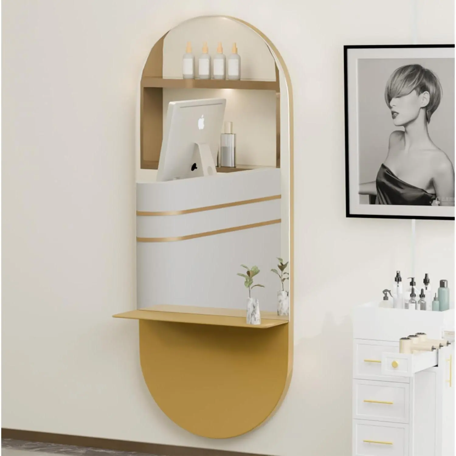 OmySalon Full Length Mirror with Shelf, Large Wall Mounted Makeup Mirror, Professional Salon Metal Hanging Mirror with Storage Shelf for Bedroom, Barbershop, Bathroom