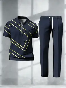 Men's Purple Geometric Print Polo & Pants Set | Casual Zip-Up Two-Piece Outfit