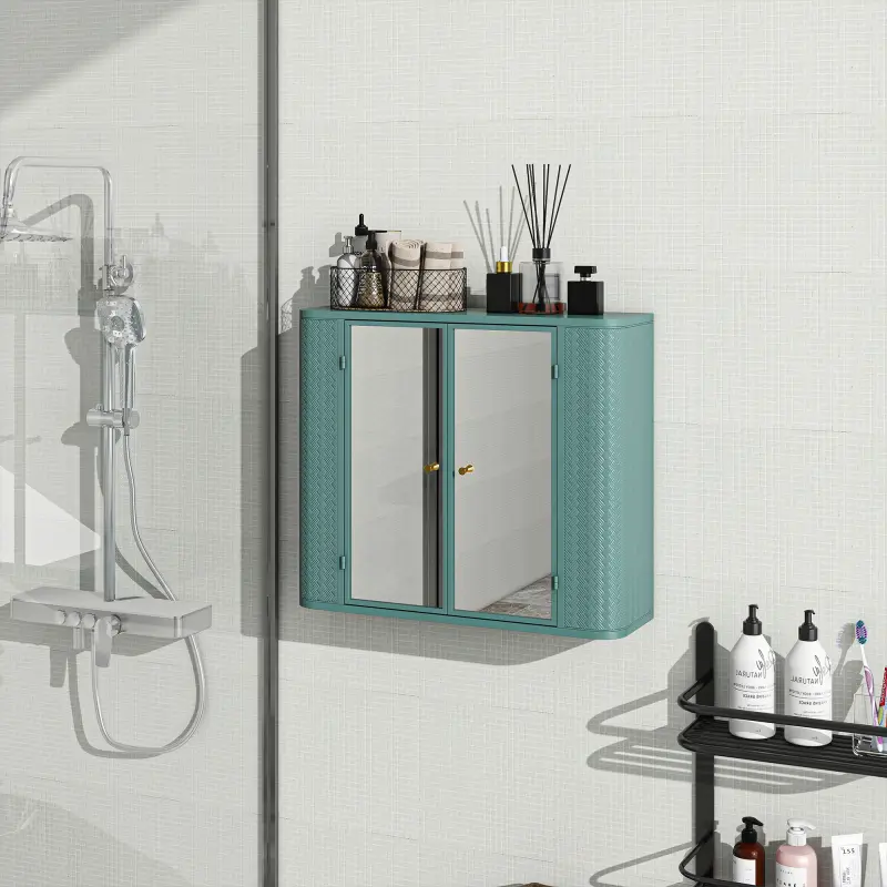 Army Green Wall-Mounted Bathroom Cabinet with Mirror, 2 Mirrored Doors & Open Shelf, Farmhouse Metal Frame Storage Cabinet with Open Compartment for Vanity, Toilet & Over-the-Sink   WL