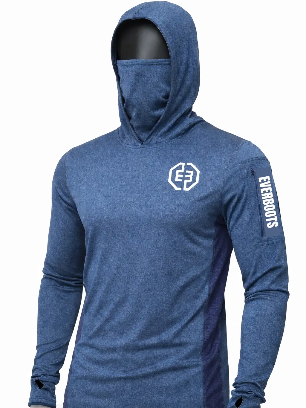 EVER BOOTS UPF+50 Long Sleeve Mens Sun Hoodie with arm pocket and face mask- 4 way stretch, Lightweight, Breathable, Moisture-Wicking, Premium Outdoor Wear for Men
