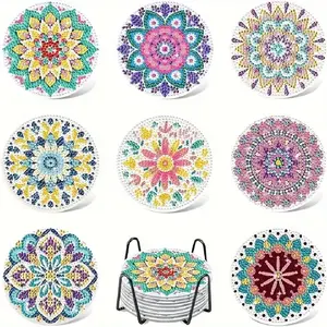 8-Piece Diamond Embroidery Coaster Set Mandala Diamond Painting Coasters with Stand, DIY Diamond Art Craft Kit for Beginners, Home Decor Gift