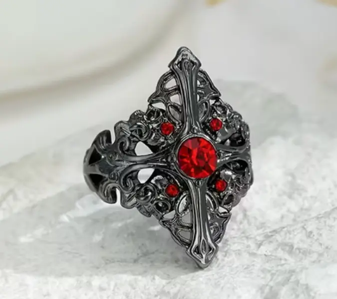 Dark Gothic Cross Motif Ring, Adjustable Alloy Metal Open Band with Diamond Accents and Rubies Inset