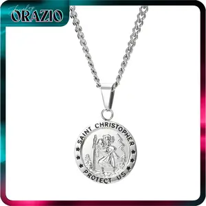 ORAZIO St Christopher Medal Necklace Silver 316L Stainless Steel Saint Christopher Necklace for Men Women Religious Amulet Pendant Christian Gifts 22/24 Inch
