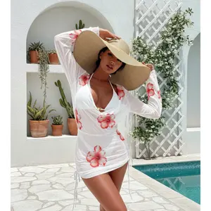 Women's 3pcs Elegant Full-Coverage Long Sleeve Bikini Set - Modest Swimwear with, Removable Chest Pads & Rash - All-Season Beach Vacation Swimsuit (White & Red Flower Print)