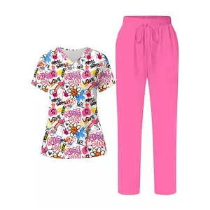 Women’s V-neck short-sleeve hospital nurse uniform set, comfortable casual medical scrubs, moisture-wicking surgical clothing, nursing clothes