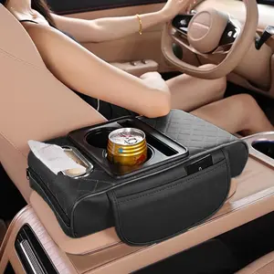 Car Armrest Cushion, Leather Armrest Cover for Car, Universal Middle Console Cushion with Storage Box, Cup Holder, Tissue Box & Phone Slot for Most Cars