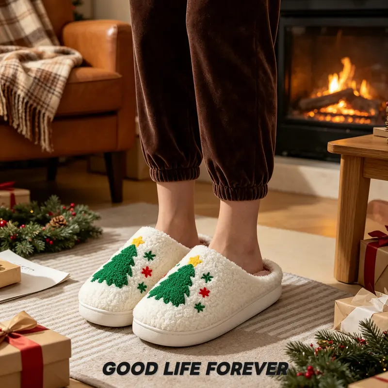 Women's Cute Cozy Christmas Plush Slippers, Warm Slipper Cotton Soft Comfortable Indoor House Slippers for Winter & Spring