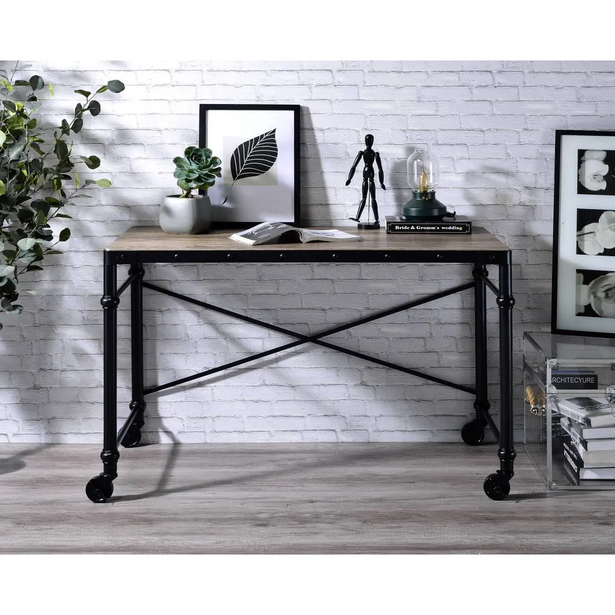 Rustic Oak Black Writing Desk On Site Assembly by Oklarth Solid Wood Computer Desk for Small Space Home Office Desk