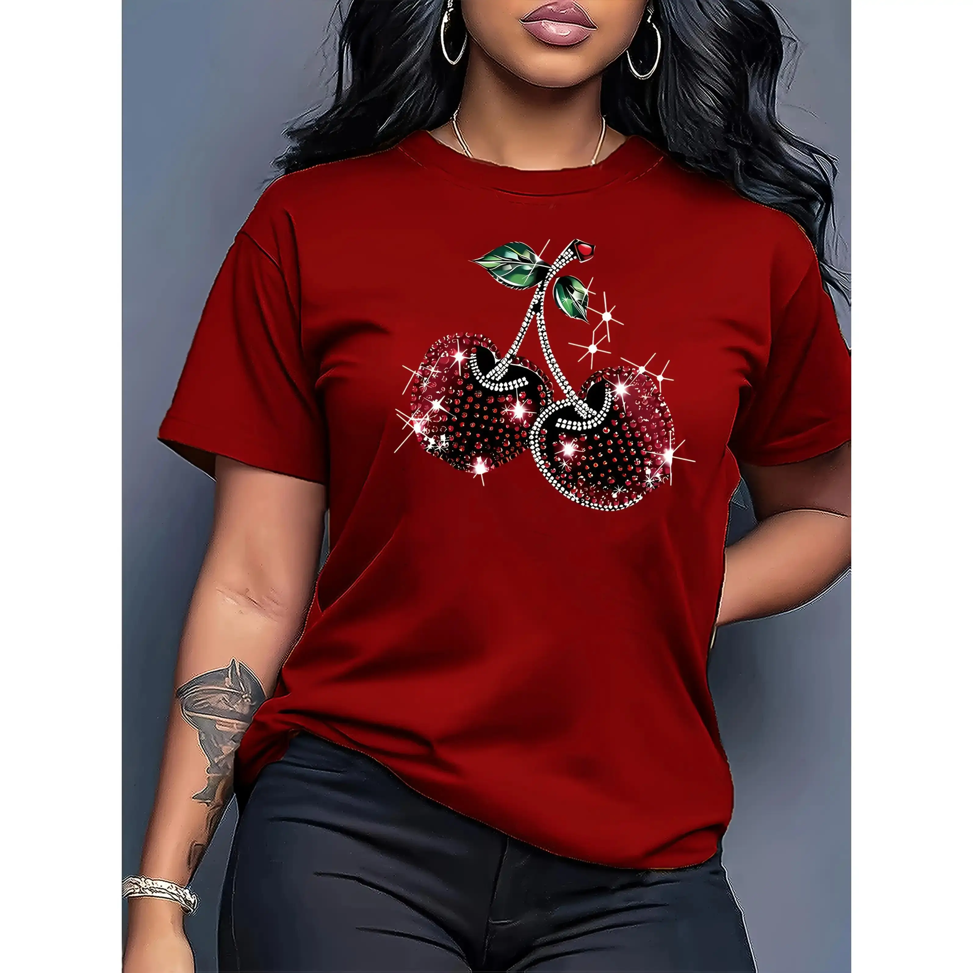 100% Cotton Women's Casual Short Sleeve T-Shirt, Shiny Cherry Pattern Print - Black Crew Neck Top, All-Season Wearable, Medium Stretch Machine Washable Fabric, Comfortable Fit Shirt