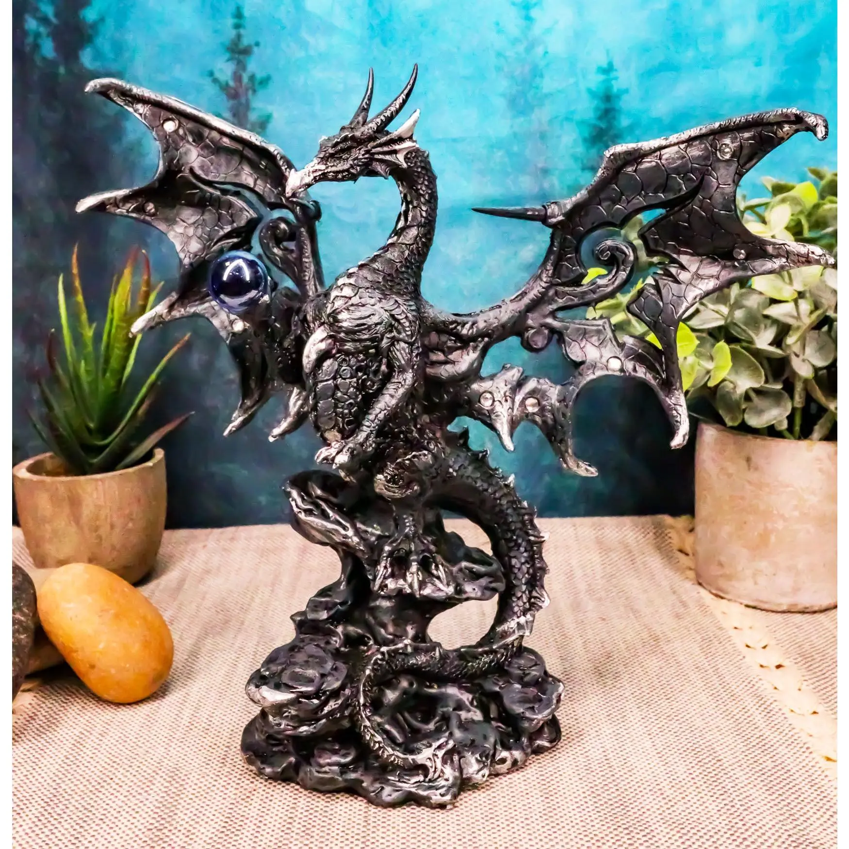 Draco Fantasy Gothic Dragon With Blue Orb Statue 8" Tall Land Of The Dragons