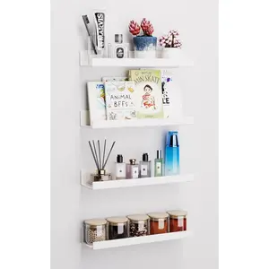 Albumgit 4 Pack Acrylic Shelves for Wall Storage, Self-Adhesive 15" White Floating Shelf for Pop Figures, Picture, Perfume, Books, Wall Shelf Organizer for Bathroom, Living Room, Bedroom, Kitchen