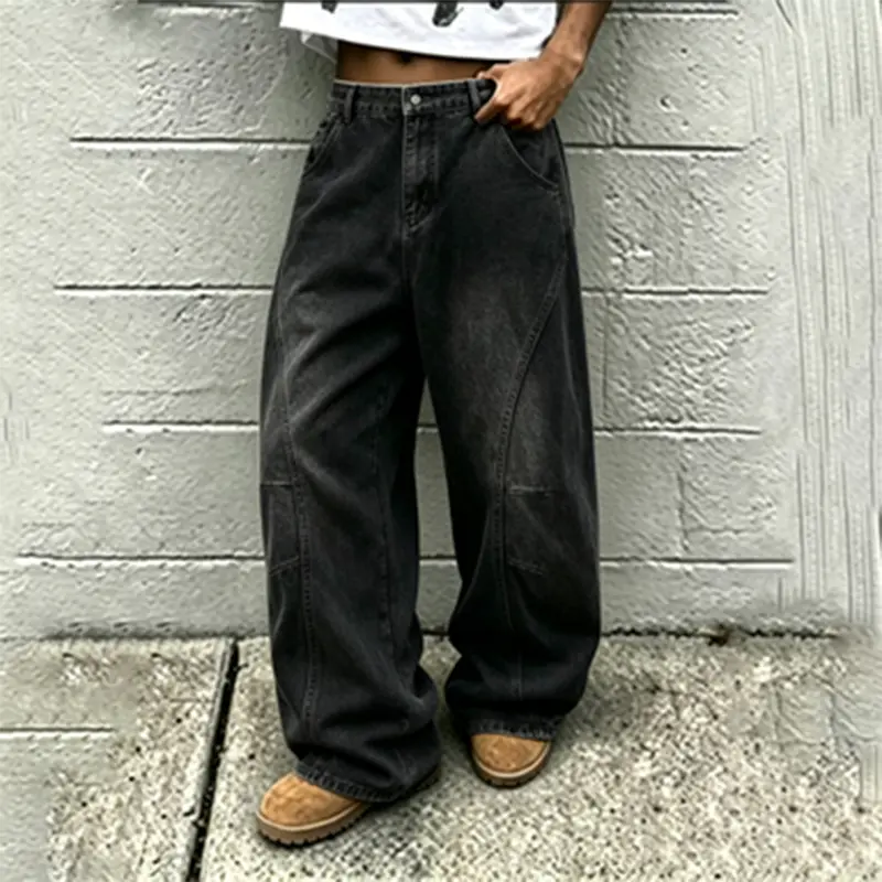 Gray washed men’s wide-leg denim pants, curved cut panels, loose Y2K hip-hop style; retro distressed wear-resistant cotton fabric, relaxed straight cut, skate casual vibe men jeans Slim bootcut baggy
