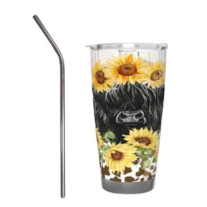 20oz Car Mug with Single Silver Rimmed Edge - with Stainless Steel Straw(Sunflower Cow Print)