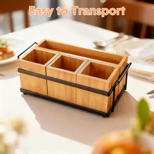 4-In-1 Bamboo Utensil Caddy, Removable Divider, Portable for Cutlery, Napkins, Plates, BBQ, Picnic, Camping, Iron Frame & Wooden Tubs