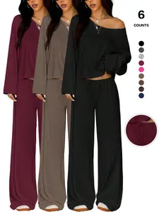 Women's 2 Piece Matching Lounge Set Off The Shoulder Long Sleeve Top and Drawstring Wide Leg Pants Casual Sweatsuit