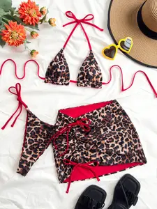 Vintage Leopard Print Bikini Set, 3-Piece with Straps, Casual Slim-Fit, Perfect for Beach & Pool Parties, All Seasons