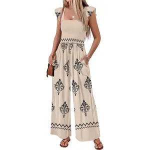 Ekouaer Women's Casual Full-Length Boho Overalls - Bohemian Style, Floral Printed, Smocked Wide Leg, Pockets, Vacation Jumpsuits, Embroidered Details, S-XXL Womenswear, Bohemian Style Overalls, Sleeveless, Women's Clothes
