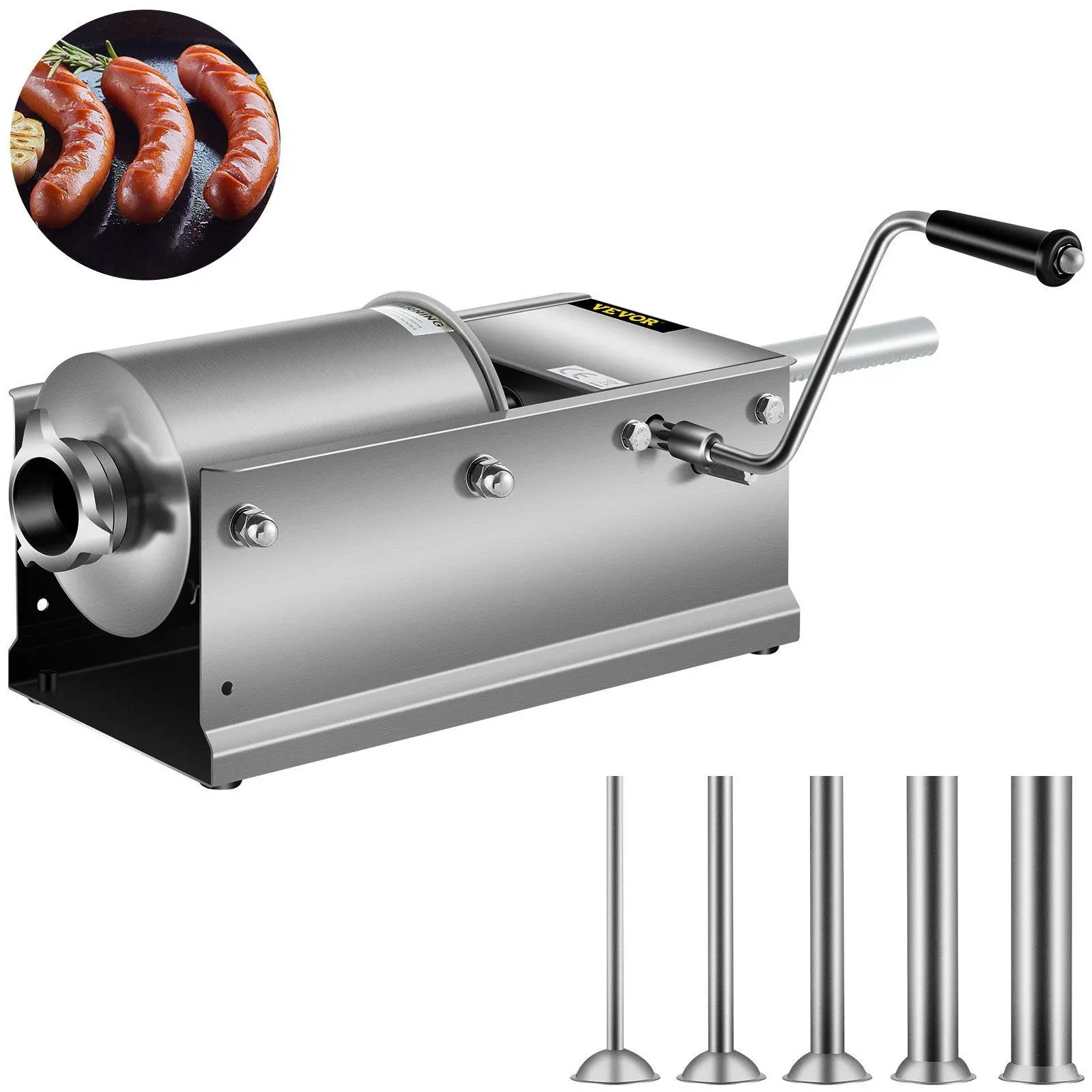 【Summerfinds】VEVOR Horizontal Sausage Stuffer 3L/ 7Lbs Manual Sausage Maker With 5 Filling Nozzles Sausage Stuffing Machine For Home & Commercial Use Stainless Steel