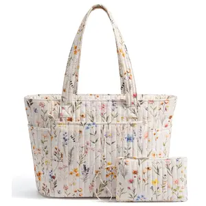 Bagstellar Cotton Tote Bag for Women, Work Tote Bag with Full-closure Zipper ,18L capacity Daily Tote for 14" Laptop,Lightweight Quilted Shoulder Bag Matching cosmetic pouch for Teacher,Nurse,College,Gym,Travel