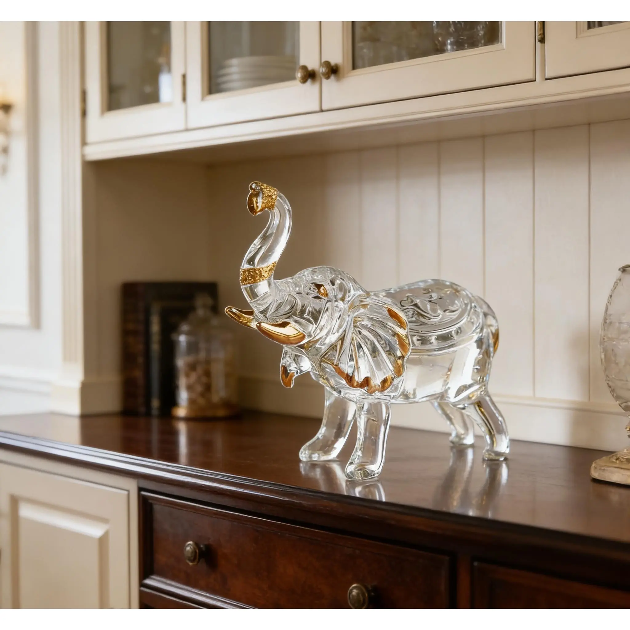 Unique Handmade 8.5x8.5cm Crystal Thai Elephant Statue - Raised Trunk Luck Symbol, Sparkling Glass Ornament, Modern Home Decor, Desktop Figurine, Collectible Figure Decor, Statue Figurines, Birthday Gift