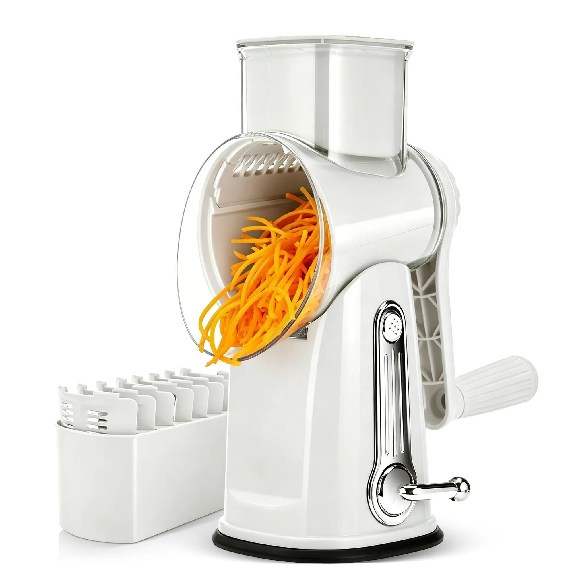 SUSTEAS Rotary Vegetable & Cheese Chopper, 5 Replacement Blades, Strong Suction Cup Base, Ergonomic Hand Crank, Bonus Blade Storage Container for Home Kitchen Prep
