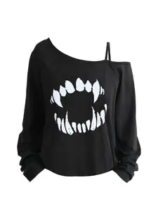 Spring Summer New Sexy Asymmetrical One-Shoulder Long Sleeve Loose Fit T-Shirt for Women, Fashion Teeth Mouth Pattern, Y2K Street Style
