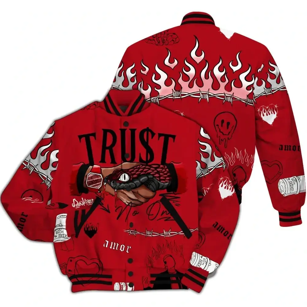 Varsity Jacket To Match Bred Velvet 11s - Trust No One Streetwear All Over Print, Baseball Varsity Jacket, Sporty Streetwear Look, Everyday Casual Jacket