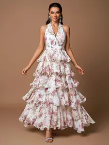 Elegant V Neck Backless Dress with Digital Watercolor Floral Print, Layered Chiffon Ball Gown, Random Cut Flower Design