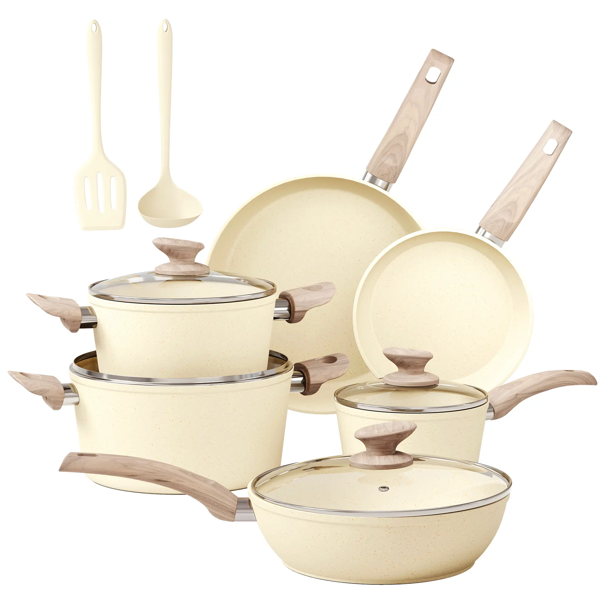 Kitchen Academy Granite Pots and Pans Set Non Stick 12 Piece Cast Induction Cookware Set Beige Nonstick Kitchen Cooking Set w Frying Pans Saucepans