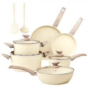Kitchen Academy Granite Pots and Pans Set Non Stick 12 Piece Cast Induction Cookware Set Beige Nonstick Kitchen Cooking Set w Frying Pans Saucepans