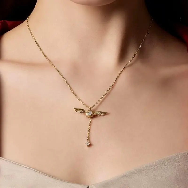 Angel Wing Necklace for Women, Gold Plated Statement Choker with Movable Wings and Dangling Heart, Elegant Valentine's Day Jewelry Gift, Accessory Necklace, Necklace And Chain