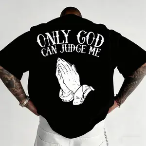 Men's 'Only God Can Judge Me' Graphic T-Shirt – Casual Crew Neck, Loose Fit Short Sleeve Tee, Beige Cotton Shirt with Praying Hands Design, Faith & Religious Graphic Tee, Streetwear Style, Everyday Casual Top, Trendy Men's Outfit
