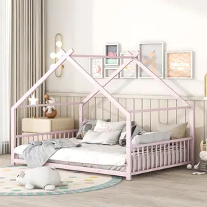 Metal Floor Bed Frame, Full Size Bed with Headboard and Footboard, Full Size House Floor Beds with Slats Support, Easy Assemble, Pink