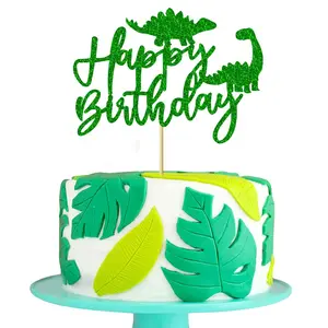 1 Pack Dinosaur Happy Birthday Cake Topper Glitter Dinosaur Cake Pick for Dino Theme Birthday Party Cake Decorations Supplies