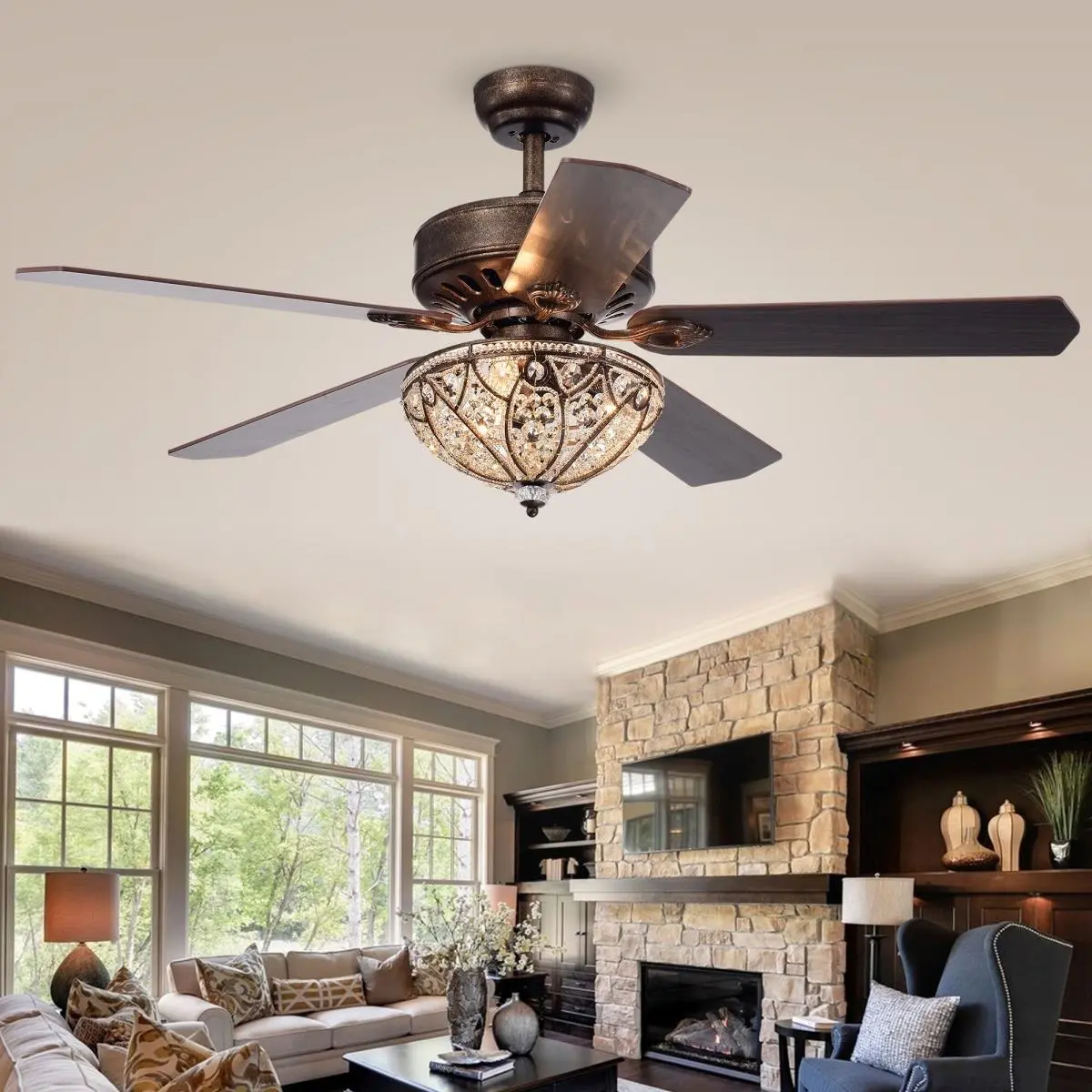 212 MAIN Gliska 52 in. Indoor Remote-Controlled Ceiling Fan with Light Kit, Bronze, Warehouse of Tiffany Model CFL-8353REMO-RB, for Indoor Use