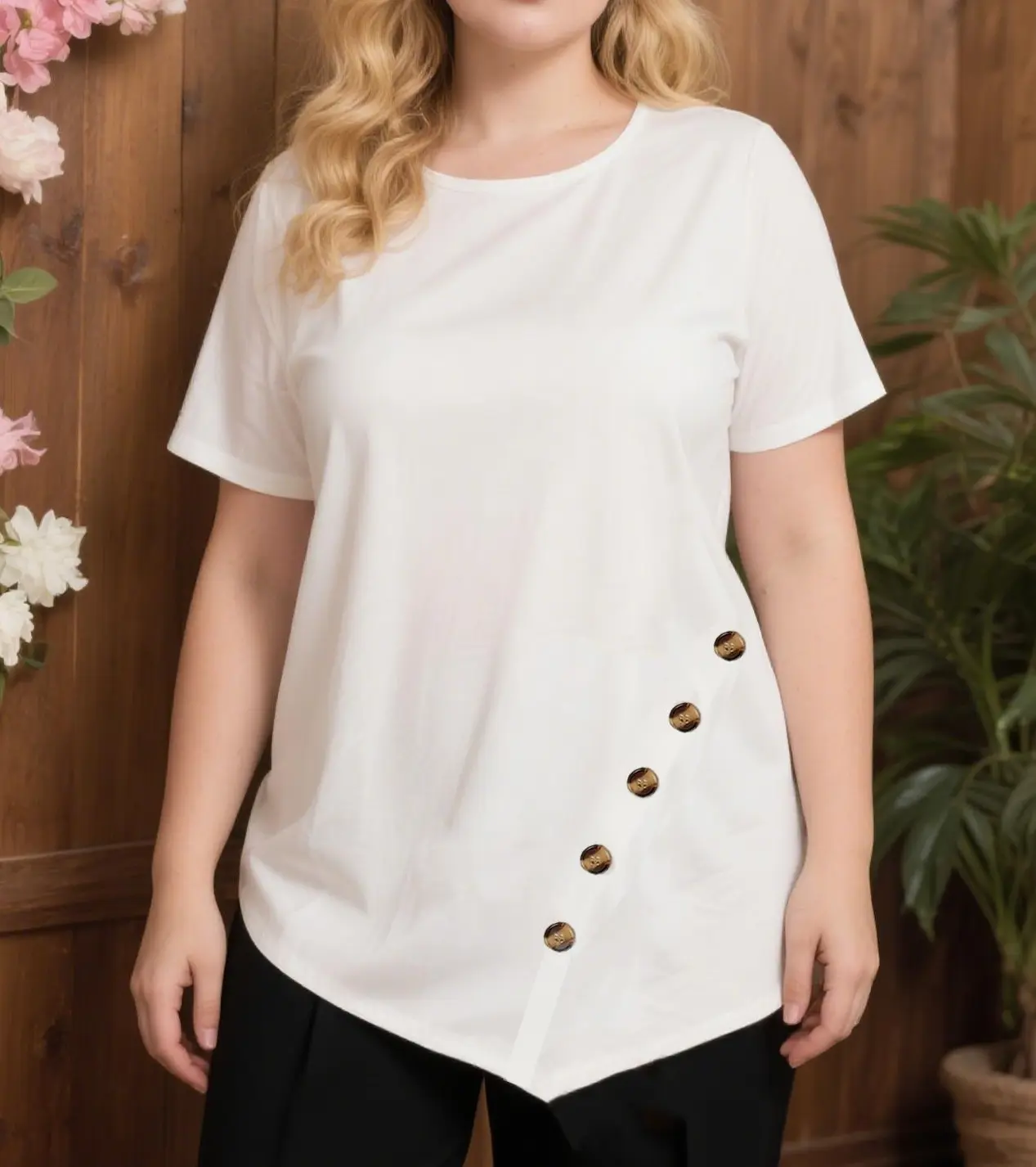 Women's Plus Size T-Shirt, Casual Stretch Short Sleeve Top with Twist Front, Asymmetrical Hem and Button Detail, Women's Clothes, Plus Size Clothes, Shirts For Women