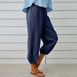 Larmliss Women's Capri Pants High Waist Drawstring Cinch Bottom with Button Linen Loose Casual Trouser with Pockets