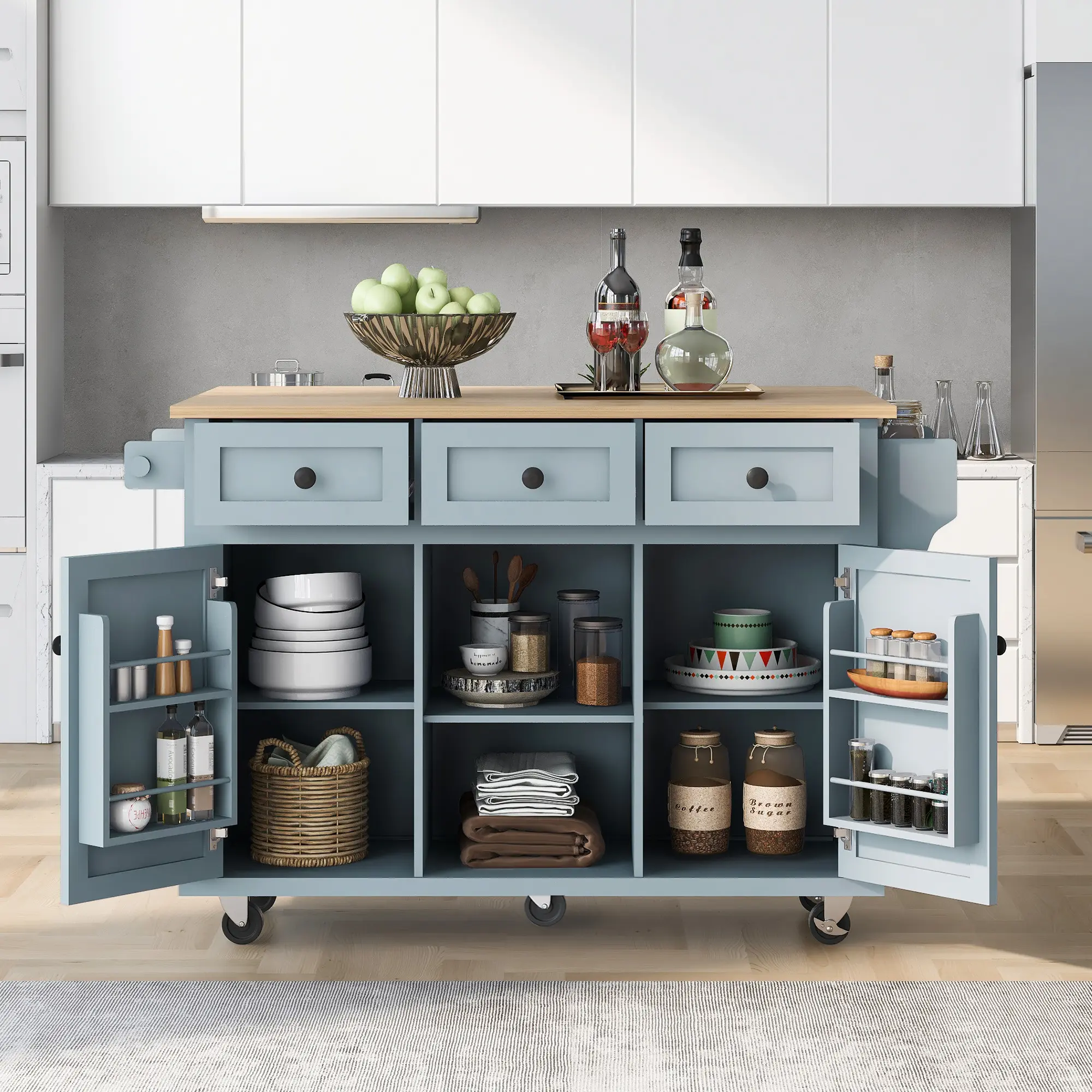 Eyisean 53" Long Sturdy Rubber Wood Portable Kitchen Island - Modern Storage Cabinet, Flexible Utility Rolling Cart with Drop Leaf, Drawers, 5 Wheels, Adjustable Shelf, Easy Assembly for Dining Room