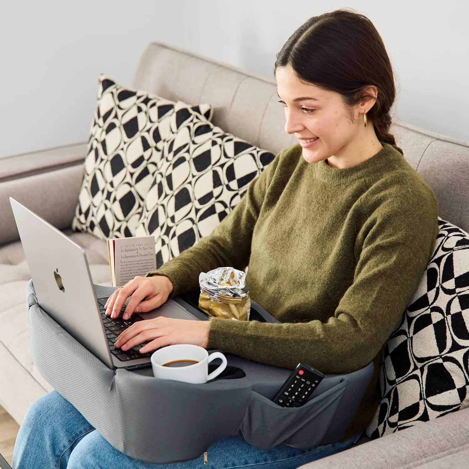 Lap Desk Pillow - Cushioned Lap Pillow for Reading, Gaming, Work & Travel, Soft & Portable Laptop Desk for Bed, Couch, or ,  Support for Laptops & Tablets (Grey)