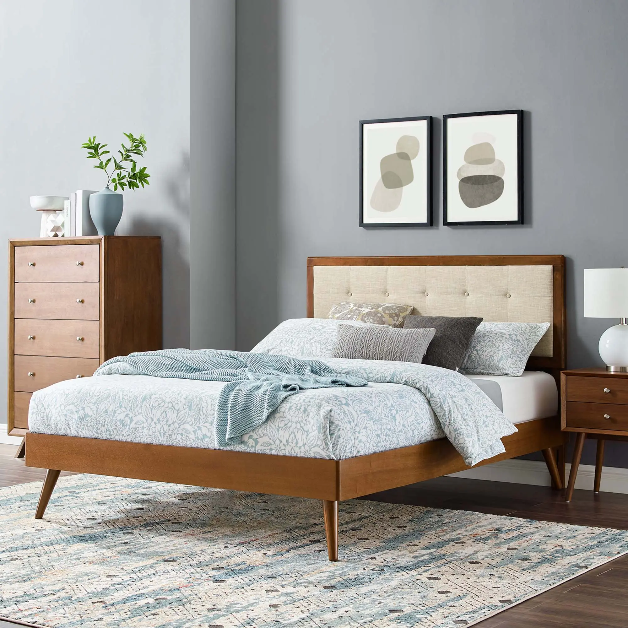 Modway Willow Full Modern Upholstered Platform Bedframe with Tufted Headboard, Splayed Legs, Walnut Beige Wood Construction