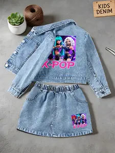 Girls' Spring & Fall Denim Set, Kids Fashion K-Pop Cartoon Print Jacket + Jean Short Skirt, Casual Fitted Two-Piece Party Outfit for Parties, Birthdays, Travel