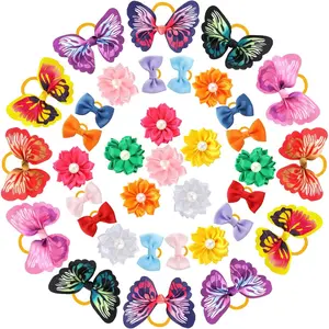 36 Pieces Dog Hair Bows with Rubber Bands Butterfly Small Dog Knotted Bows Flower Pearls Elastic Hair Ties Bands for Pets Puppy Cats Grooming Accessories