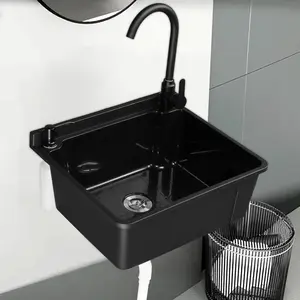 ROVSUN Plastic Wall-Mounted Utility Sink, Wall-Mounted Utility Tub with Wall Bracket, Hot&Cold Faucet, Drain Plug, Perfect for Basement, Laundry Room, Garage or Shop and More, Black