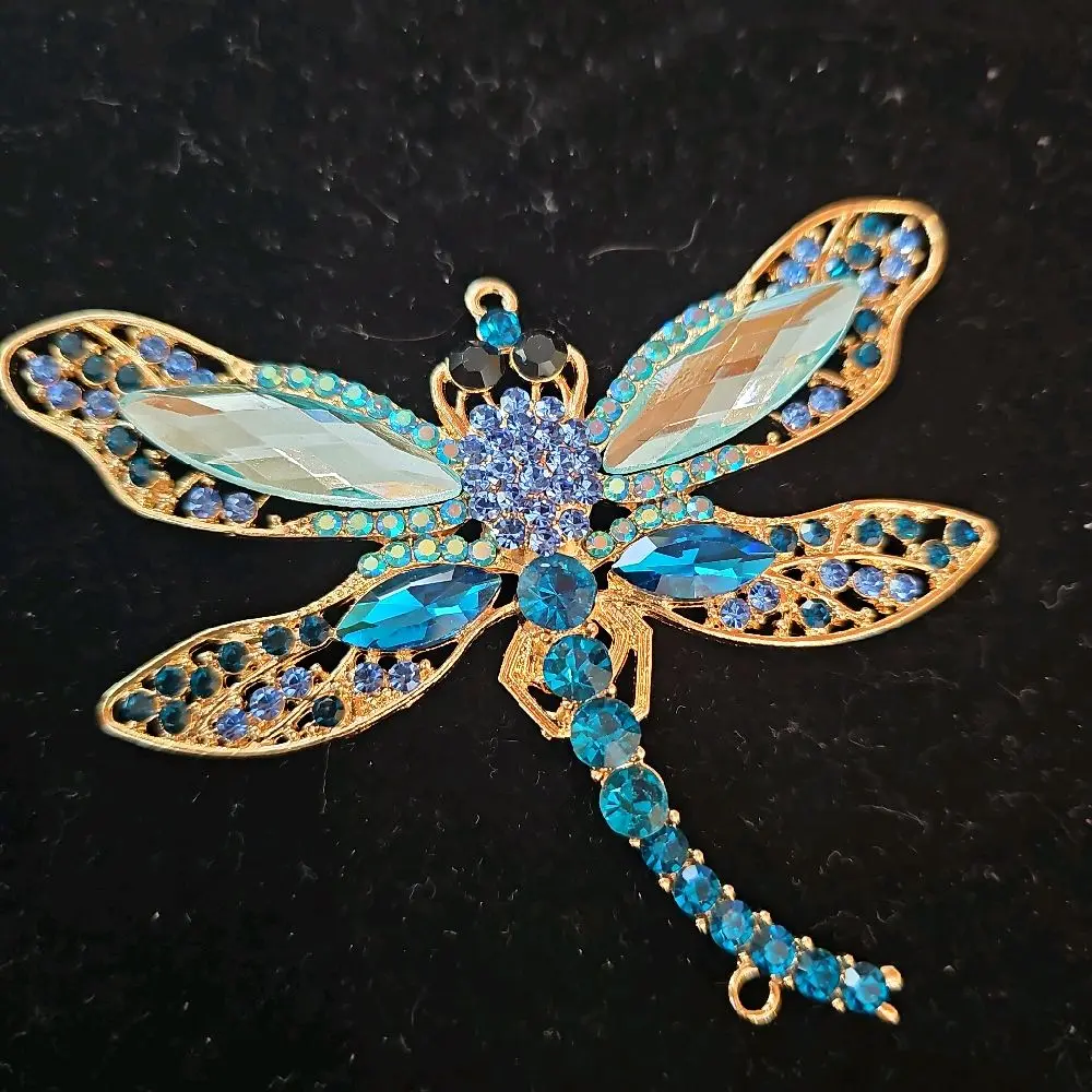 Xlarge Blue Dragonfly Pendant with Intricate Rhinestone Details and Gold Tone Accents