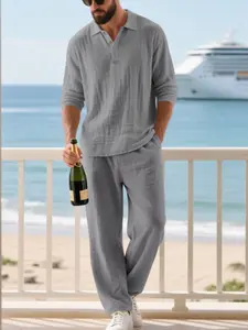 Men's Linen Polo Shirt & Pants Set, Casual Loose-Fit Long Sleeve Top, Spring & Fall Woven Fabric for Daily Wear