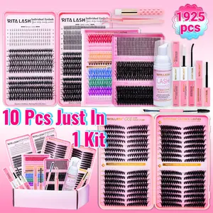 RITALASH 1925PCS Lash Extension Kit DIY Cluster Lashes Gift Large Packs 4 Trays Lash Clusters Eyelash Extensions Eyelash Glue Extension Soft Comfortable with Lash Bond and Seal Remover Tweezers Brush Shampoo&Brush