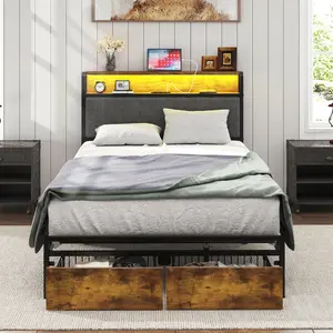 【SogesPower】 Bed Frame with Two Storage Drawers Smart RGB Ambient Lighting Bedside Storage Charging Combo Remote Control Easy Assembly