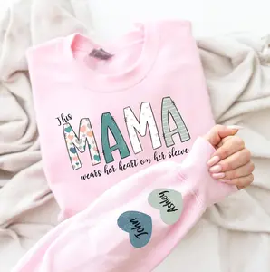 This Mama Wears Her Heart On Her Sleeve Sweatshirt, Personalized Mom With Kids Names Apparel, Motherhood Hoodie, Mother's Day Gifts